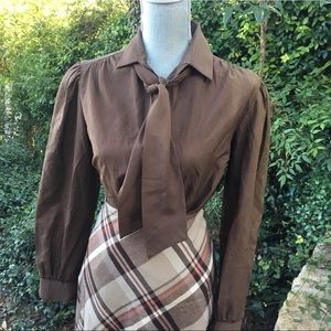Vintage Brown Secretary Blouse - tie front